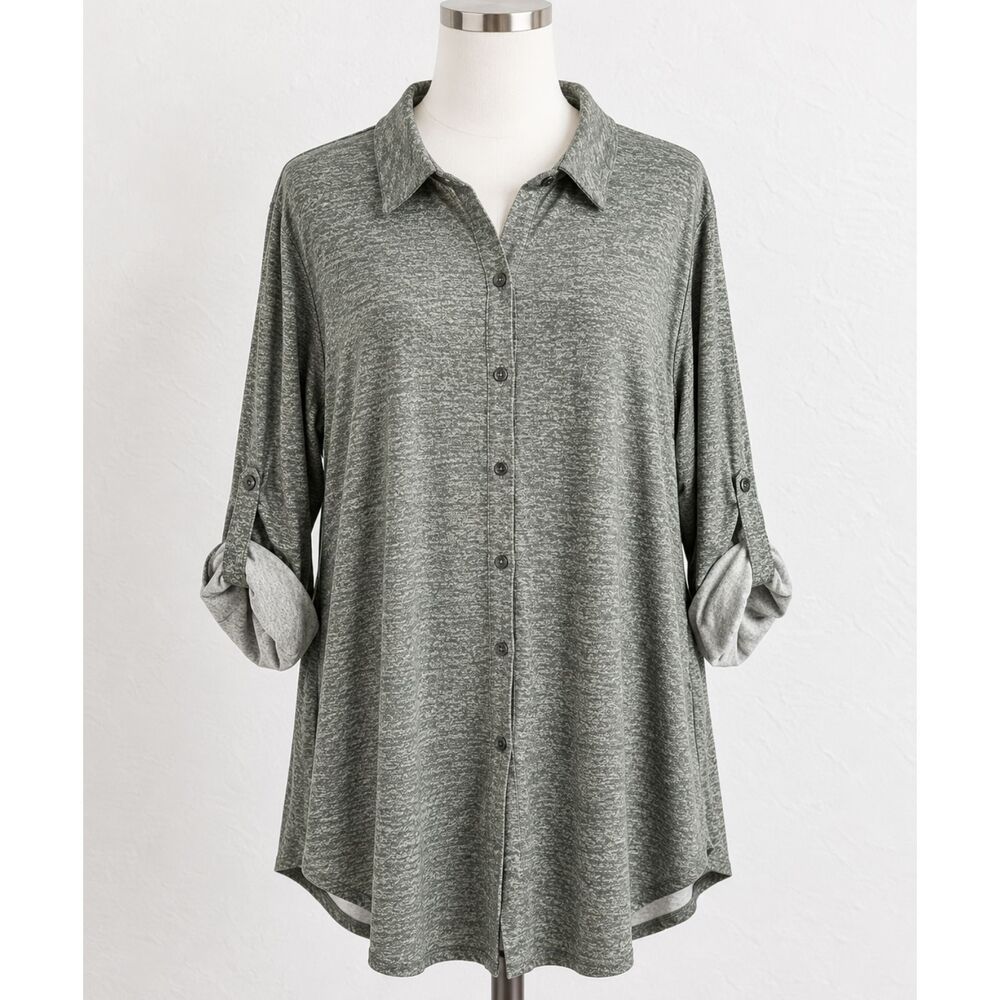 LuLaRoe Valentina Women's 3XL Gray Heather Button Down Tunic Top Roll Tab NWT